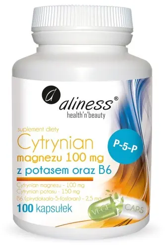 Aliness Cytrynian Magnezu 100mg z Potasem oraz B6 x 100 kaps.