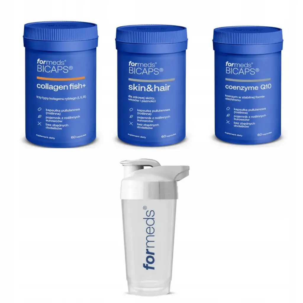 Zestaw ForMeds BICAPS Kolagen Fish + Skin&Hair + Koenzym Q10 SHAKER GRATIS!