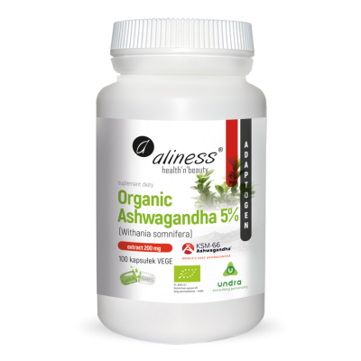 [5903242583407] Organic Ashwagandha KSM-66 5% 200mg x 100 vege kaps.