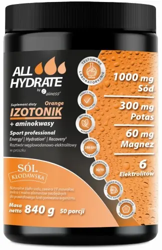 [5903242584008] ALLHydrate, Izotonik Sport Orange+aminokwasy 840g, 50 porcji