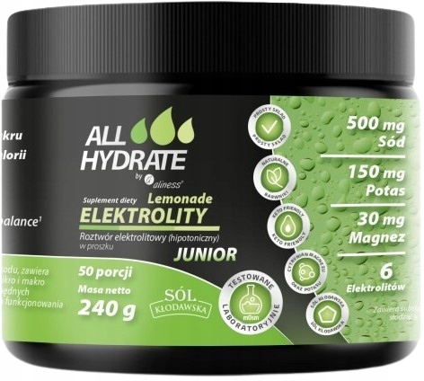 [5903242584053] ALLHydrate, Elektrolity JUNIOR Lemonade 240g, 50 porcji