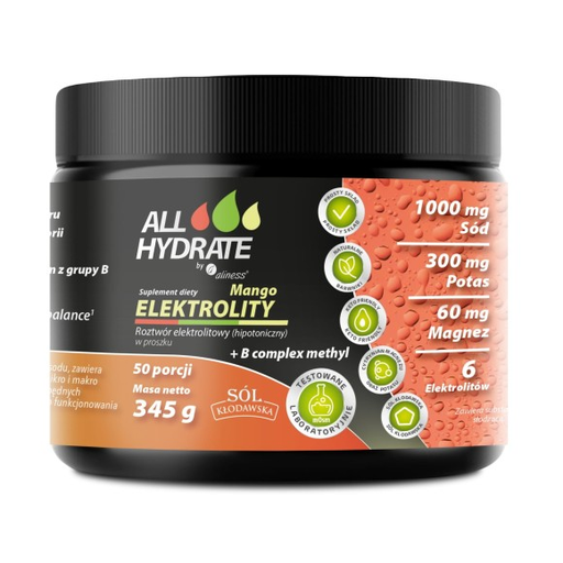 [5903242584046] ALLHydrate, Elektrolity Mango + B complex methyl 345g, 50 porcji